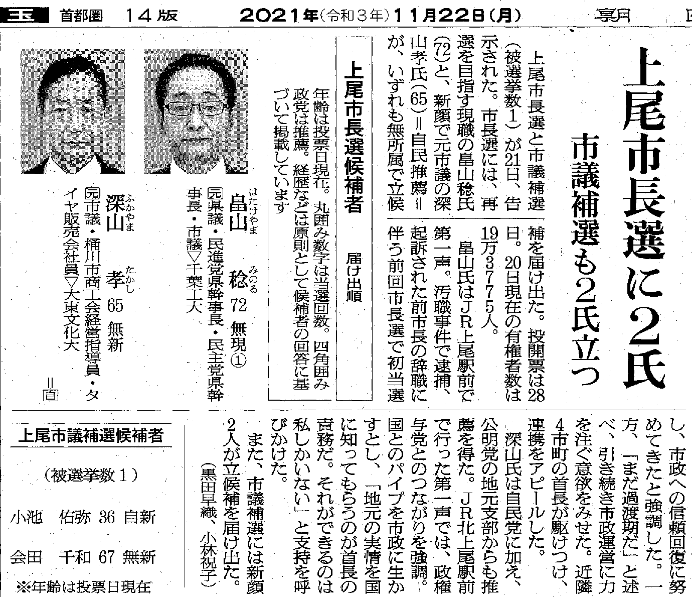 上尾市長選候補者_朝日新聞20211122